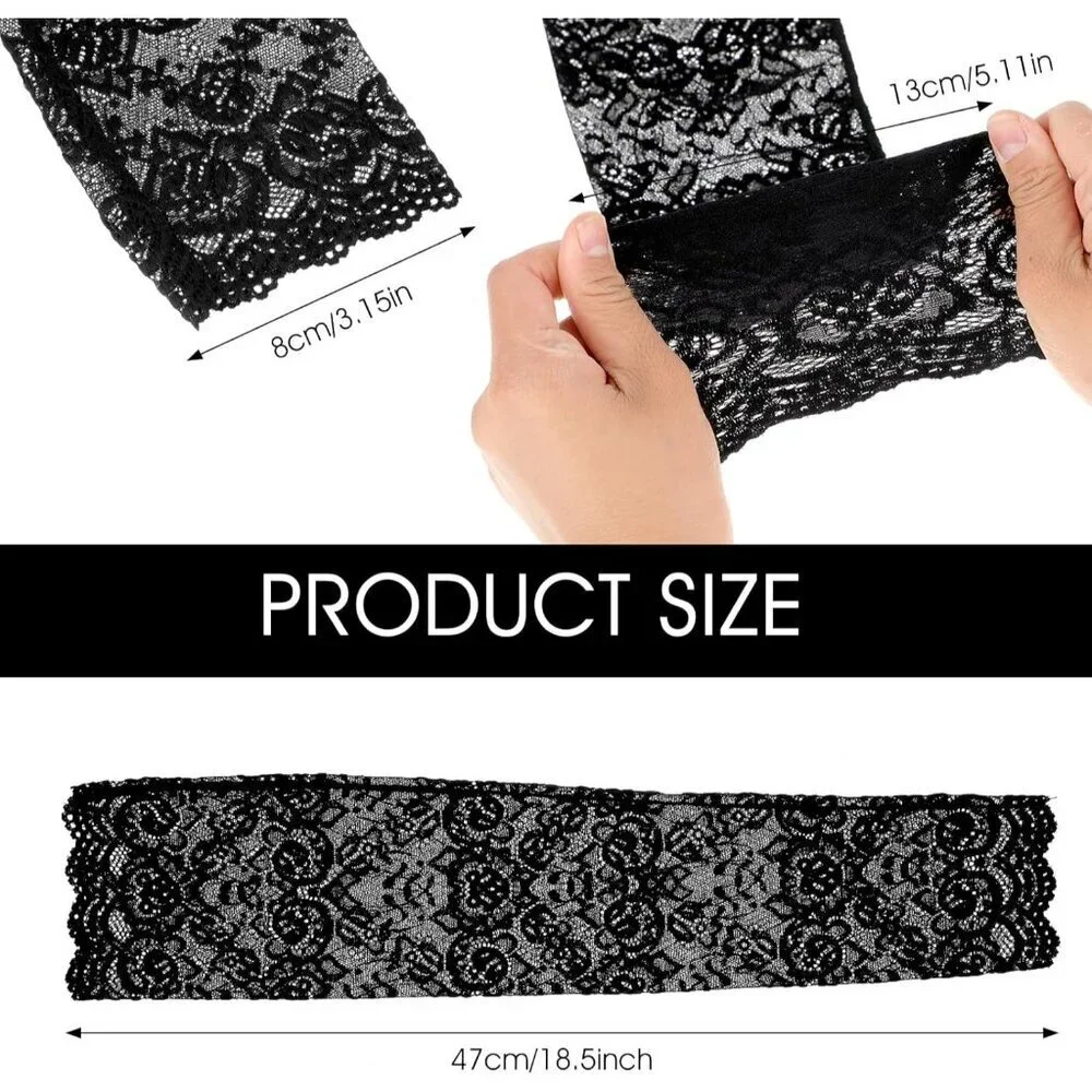 Women's Floral Design Lace Fabric Black Gloves Elbow Length Sleeves Fingerless